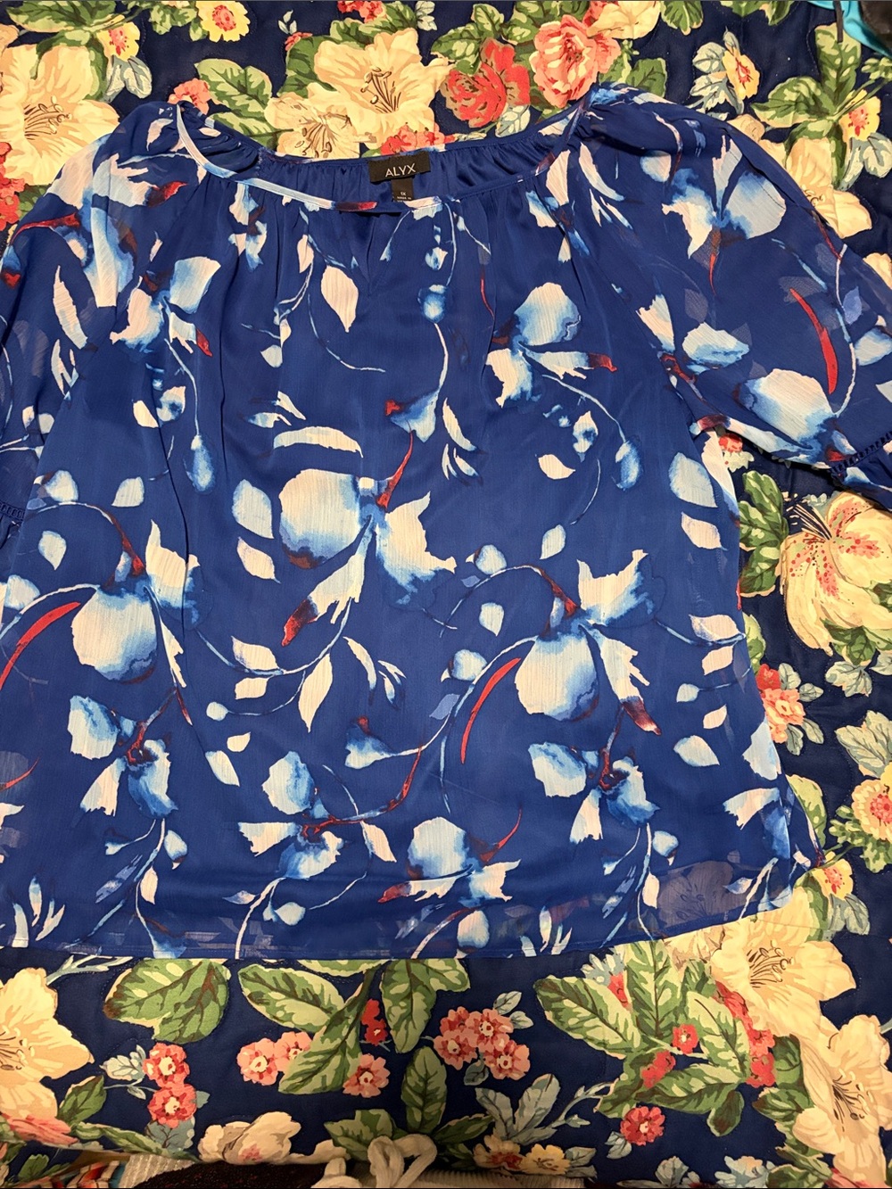 Alyx Royal Blue Floral Print Sheer Blouse